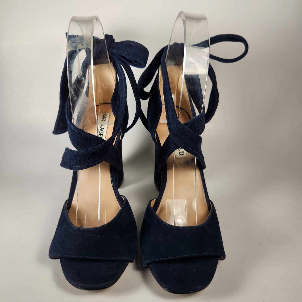 KARL LAGERFIELD Racha Shoe Womens 6 EU 36 Navy Block Heel Suede Event Date Nite - Picture 5 of 12